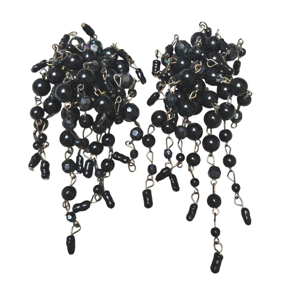 Vintage Black Bead Waterfall Clipon Earrings
